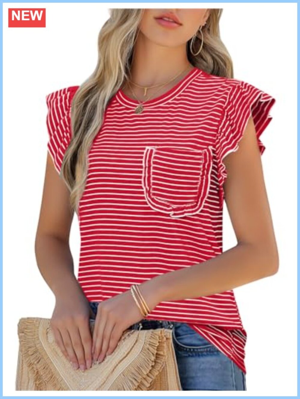 Women's Striped Ruffle Short Sleeve Crew Neck Blouse Summer Casual Soft